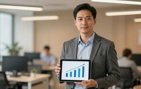 Engineer confidently discussing salary with upward trending chart.