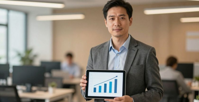 Engineer confidently discussing salary with upward trending chart.