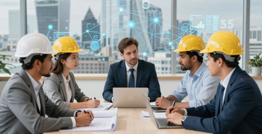 Engineers collaborating on projects in a modern UK office setting.