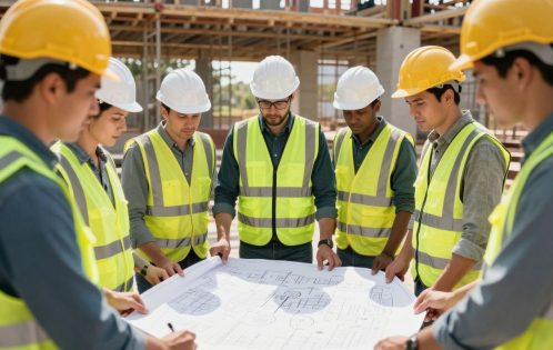 Engineers collaborating on blueprints at a construction site.