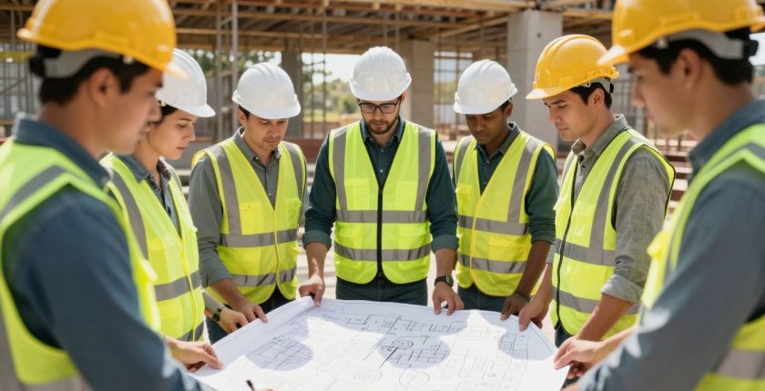 Engineers collaborating on blueprints at a construction site.
