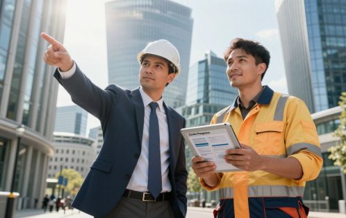 Engineers planning career growth against a UK city backdrop.
