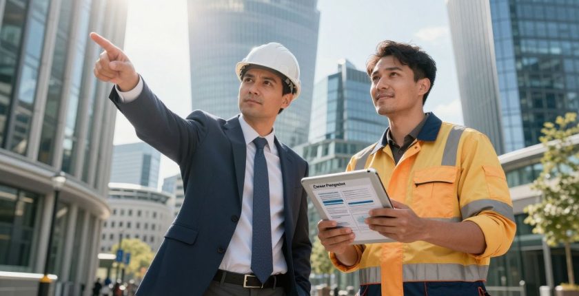 Engineers planning career growth against a UK city backdrop.