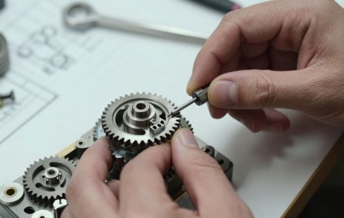 Mechanical engineer working on a detailed gear assembly.