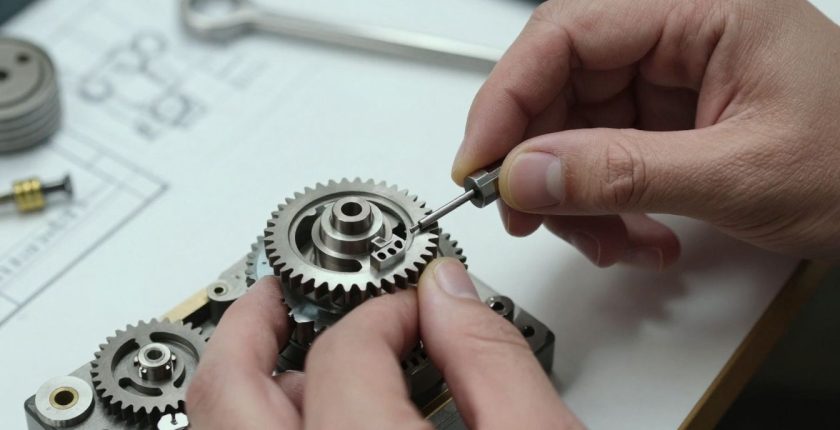 Mechanical engineer working on a detailed gear assembly.